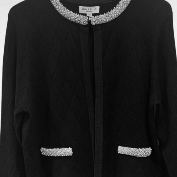 RIO & RIAN NY Black Pearl Trim Quilted Cardigan Sweater Jacket Open Front (XL) - Picture 5 of 13